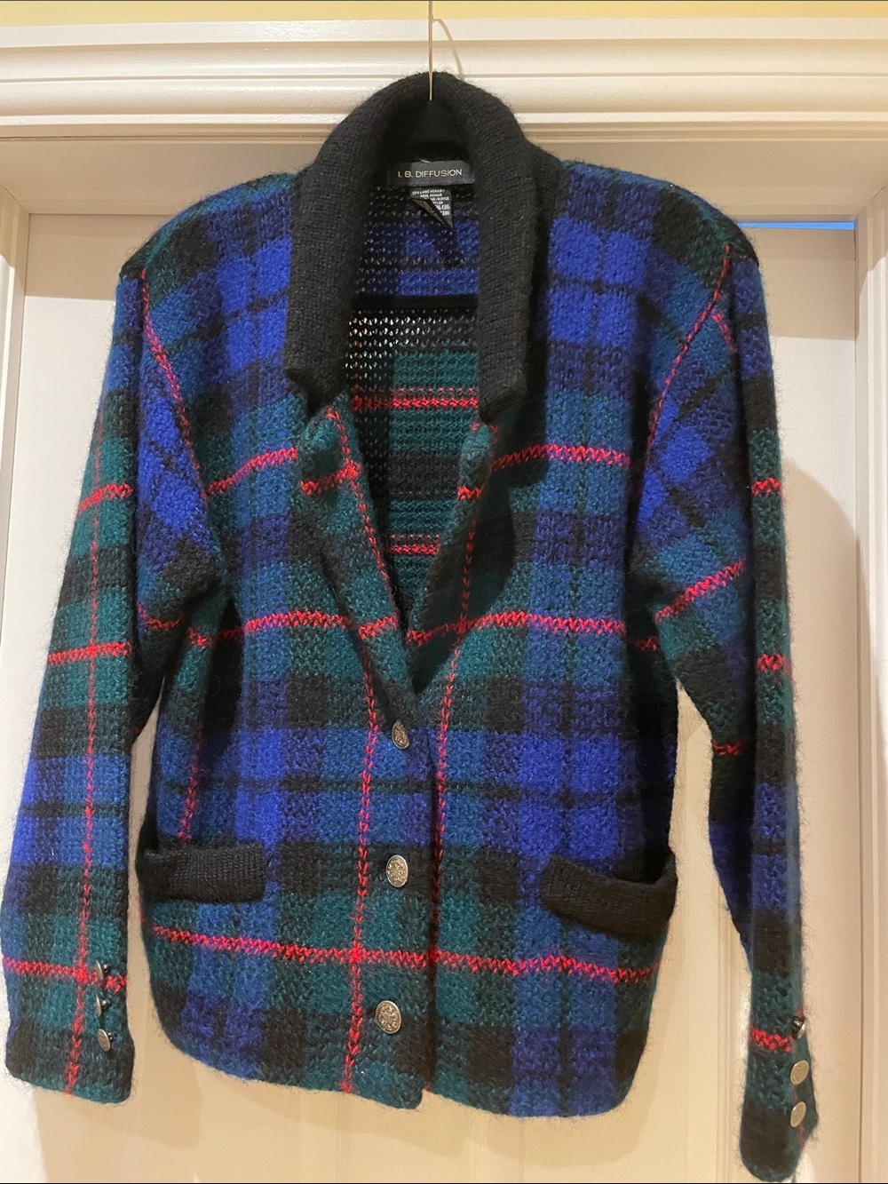 Vintage I B Diffusion Mohair Blend Tartan Sweater Jacket Grandma Preppy M